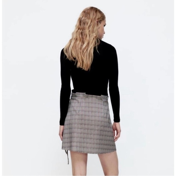 ZARA Plaid Wrap Skirt Faux Suede Micro Plaid Pleated Mini Skirt - Picture 2 of 7